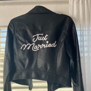 Black leather jacket “Just Married”. Pristine condition!